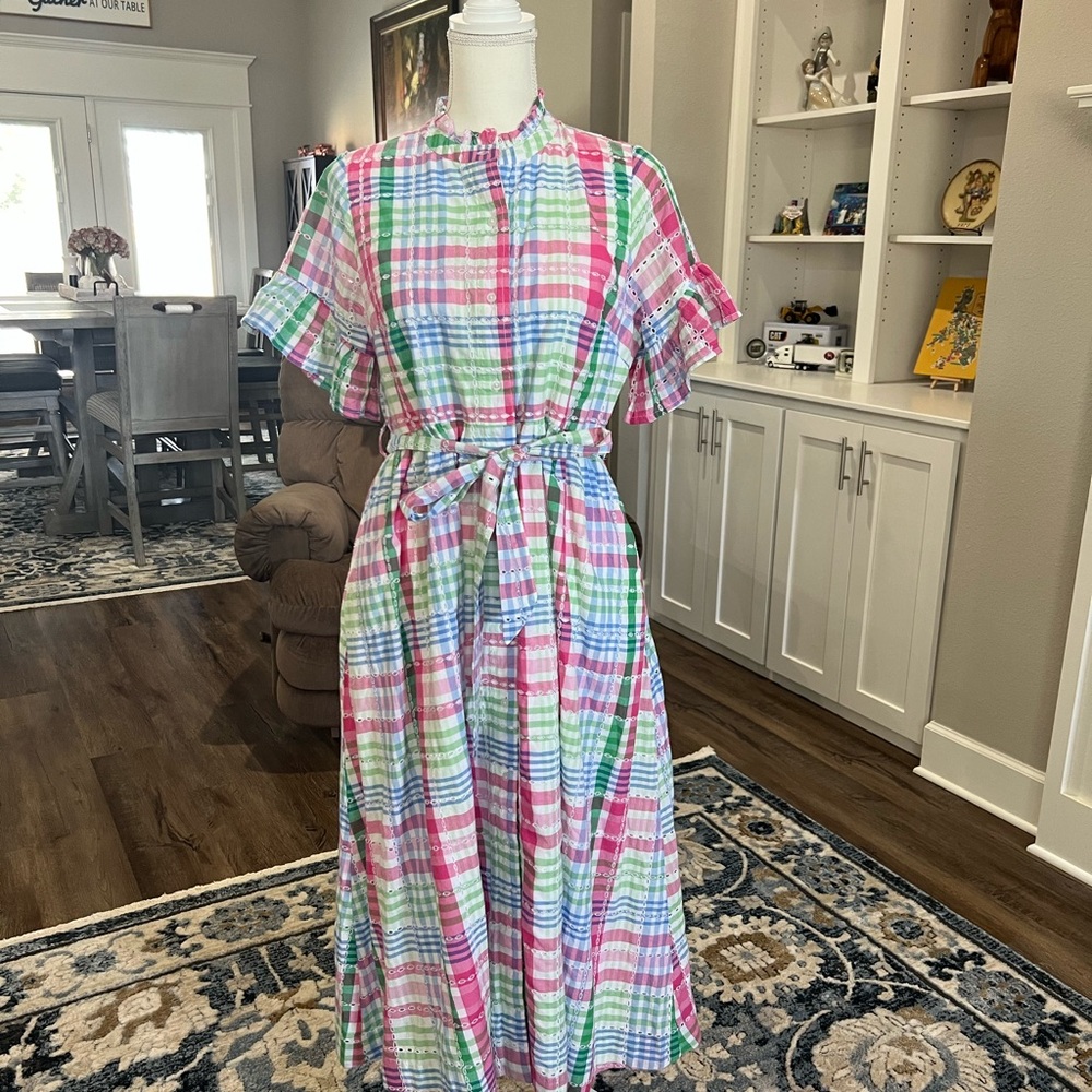 Crown & Ivy Colorful Plaid Midi Dress with Belt